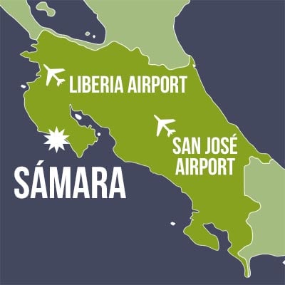 Costa Rica Map to Samara from San Jose Airport and Liberia Airport