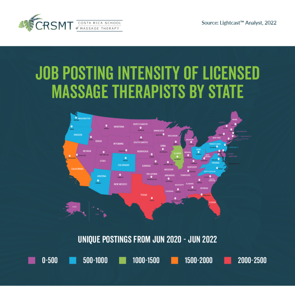 Graphic featuring intensity of licensed massage therapists by state